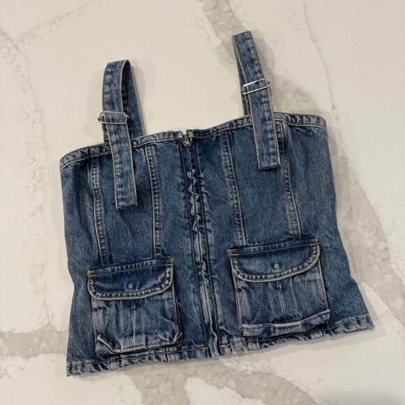 Zara y2k Denim Bustier Crop Top Womens Size Small Blue Smocked Back Front Zipper - Picture 1 of 7